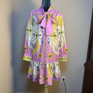 Dalia MacPhee Baroque Fan and Chain Print Bow Front Drop Waist Mini Dress Medium